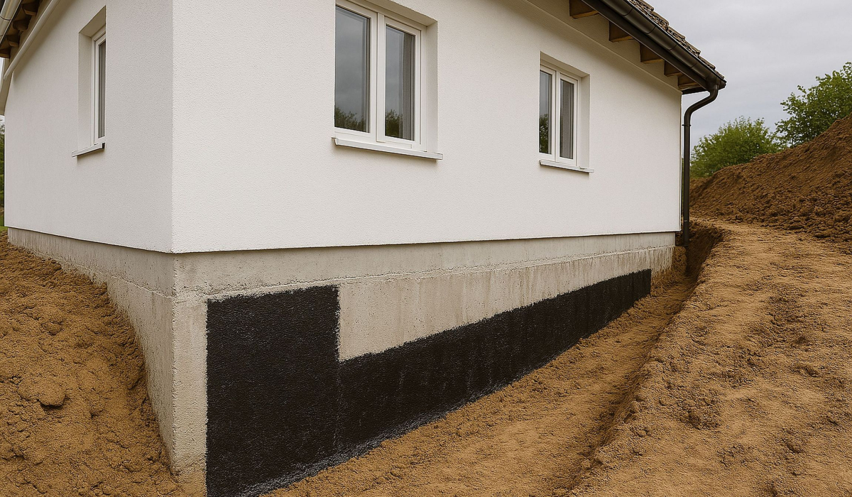 Haus von außen mit Graben davor